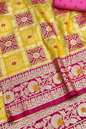 Gold zari woven patola silk blend festive saree with blouse piece