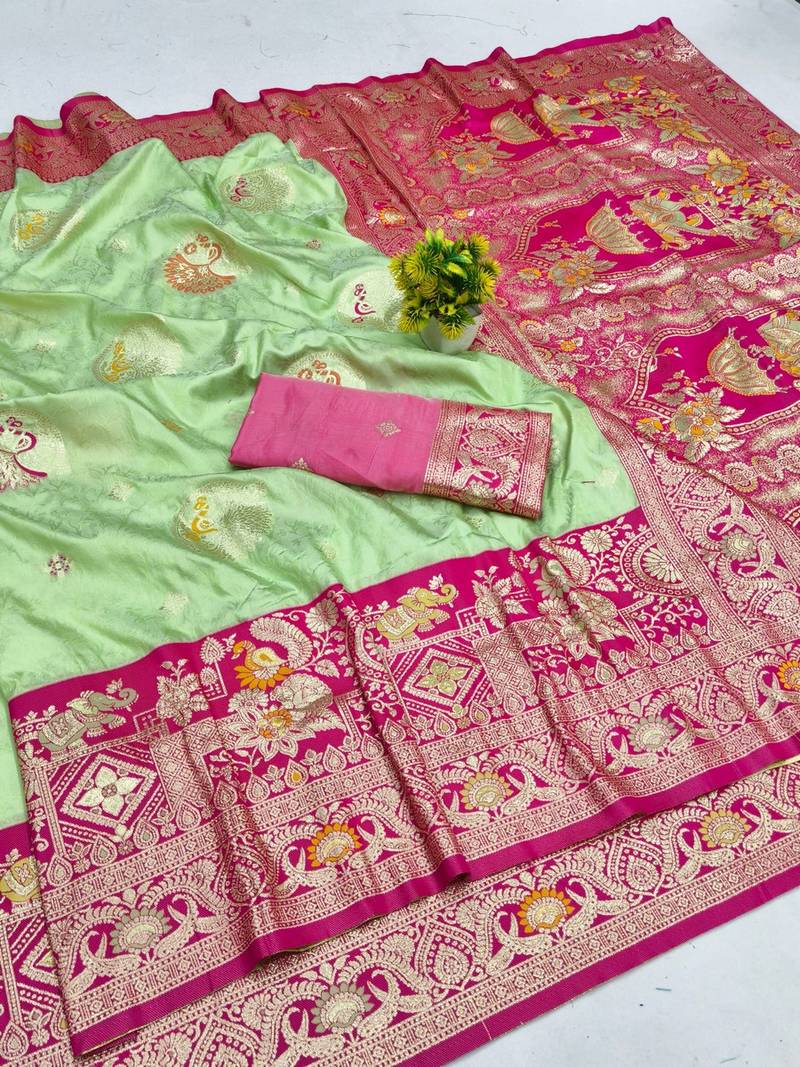 Light green zari woven banarasi silk blend saree with blouse piece