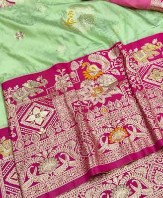 Light green zari woven silk blend saree with blouse piece 3