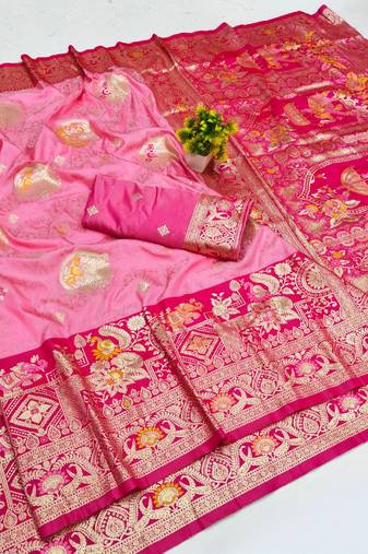 Pink zari woven silk blend saree with blouse piece
