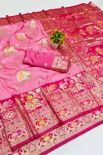 Pink zari woven banarasi silk blend saree with blouse piece