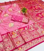 Pink zari woven banarasi silk blend saree with blouse piece