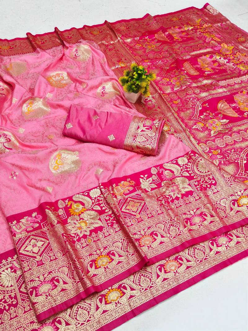 Pink zari woven banarasi silk blend saree with blouse piece
