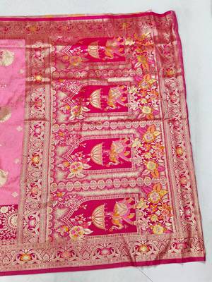 Pink zari woven silk blend saree with blouse piece 2