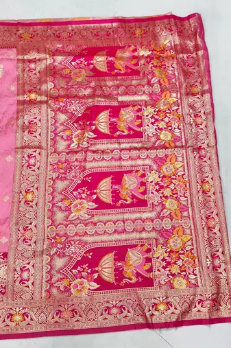 Pink zari woven silk blend saree with blouse piece