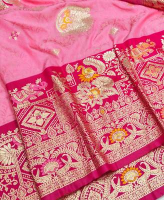 Pink zari woven silk blend saree with blouse piece 3