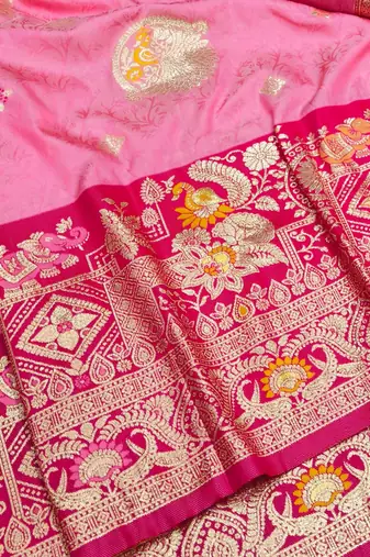 Pink zari woven silk blend saree with blouse piece