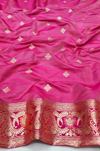 Pink zari woven silk blend saree with blouse piece
