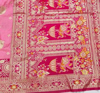Pink zari woven silk blend saree with blouse piece 5