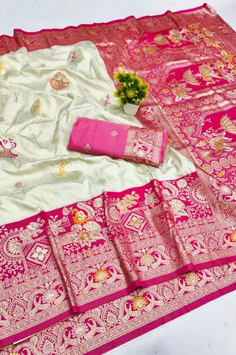 Cream zari woven banarasi silk blend saree with blouse piece
