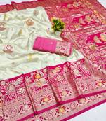 Cream zari woven banarasi silk blend saree with blouse piece