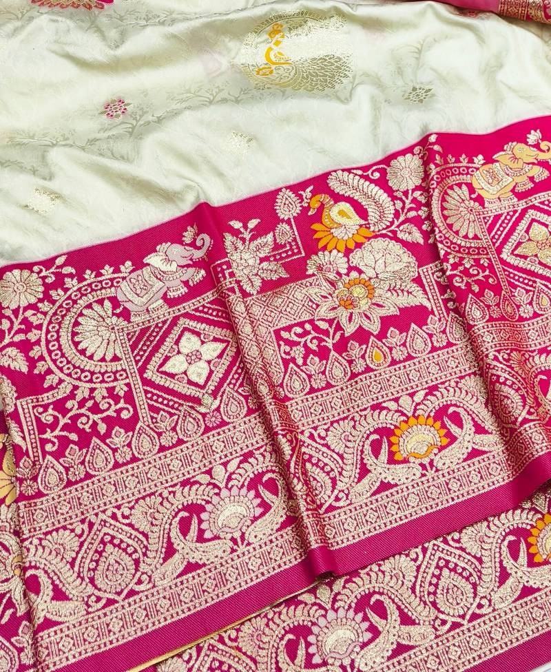 Cream zari woven banarasi silk blend saree with blouse piece