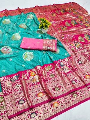 Blue zari woven silk blend saree with blouse piece 1