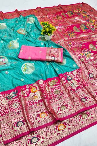Blue zari woven banarasi silk blend saree with blouse piece