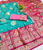 Blue zari woven banarasi silk blend saree with blouse piece