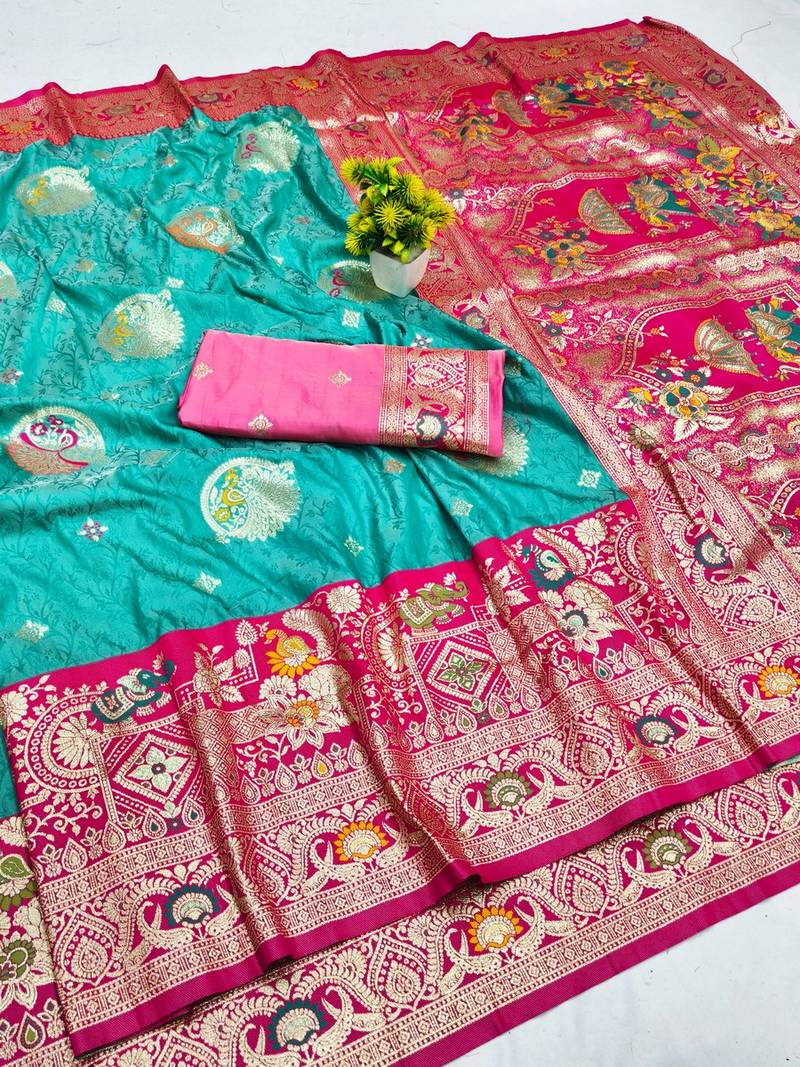 Blue zari woven banarasi silk blend saree with blouse piece