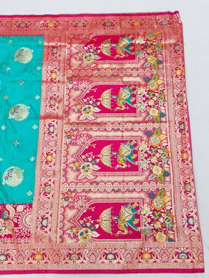 Blue zari woven silk blend saree with blouse piece 2