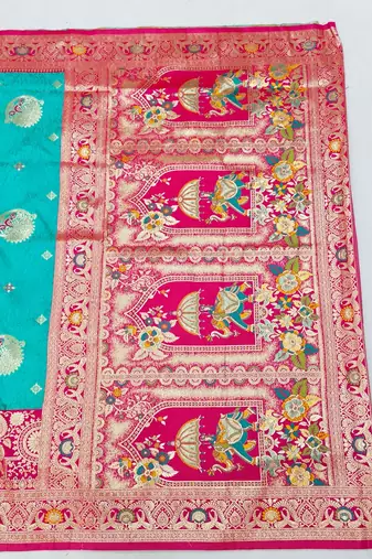 Blue zari woven silk blend saree with blouse piece