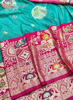 Blue zari woven silk blend saree with blouse piece 3
