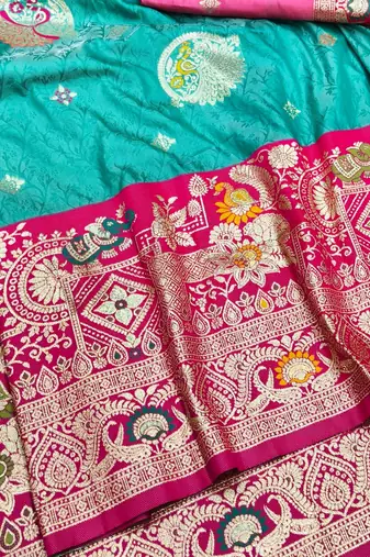 Blue zari woven silk blend saree with blouse piece
