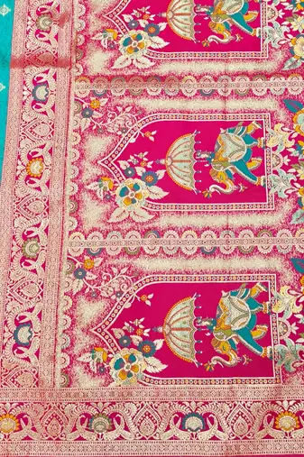 Blue zari woven silk blend saree with blouse piece