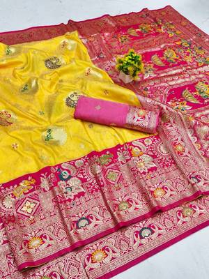 Gold zari woven silk blend saree with blouse piece 1