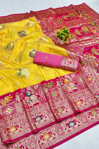 Gold zari woven banarasi silk blend saree with blouse piece