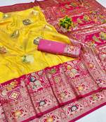 Gold zari woven banarasi silk blend saree with blouse piece