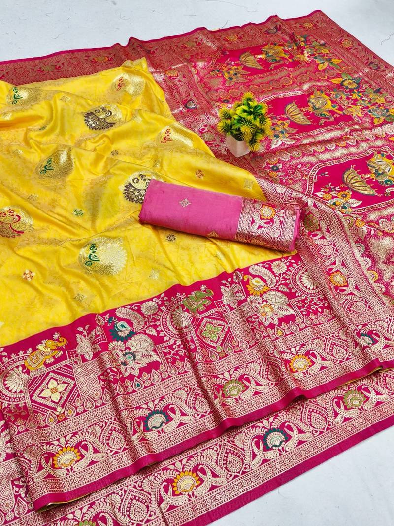 Gold zari woven banarasi silk blend saree with blouse piece