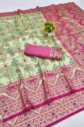 Pista zari woven patola banarasi silk blend festive saree with blouse piece