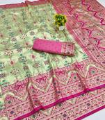 Pista zari woven patola banarasi silk blend festive saree with blouse piece