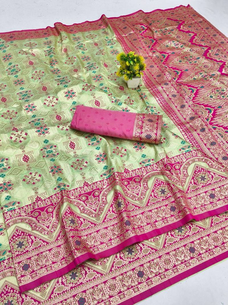 Pista zari woven patola banarasi silk blend festive saree with blouse piece