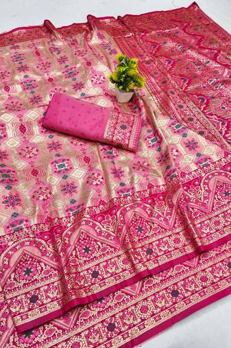 Pink zari woven patola banarasi silk blend festive saree with blouse piece