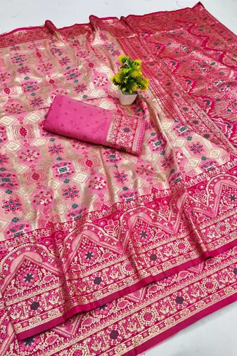 Pink zari woven patola silk blend festive saree with blouse piece