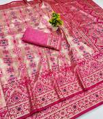Pink zari woven patola banarasi silk blend festive saree with blouse piece