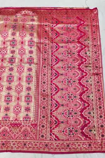 Pink zari woven patola silk blend festive saree with blouse piece