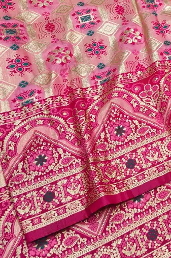 Pink zari woven patola silk blend festive saree with blouse piece