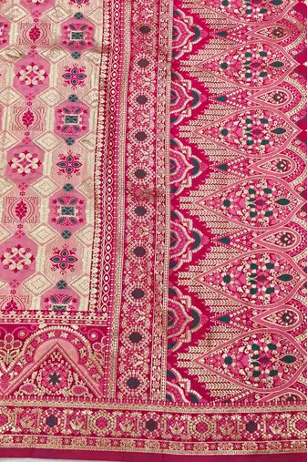Pink zari woven patola silk blend festive saree with blouse piece