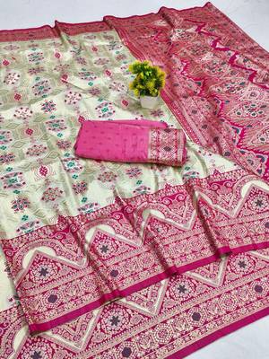 Cream zari woven patola silk blend festive saree with blouse piece 1