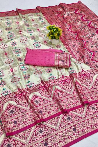 Cream zari woven patola banarasi silk blend festive saree with blouse piece