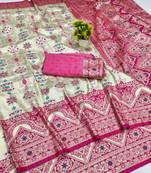 Cream zari woven patola banarasi silk blend festive saree with blouse piece