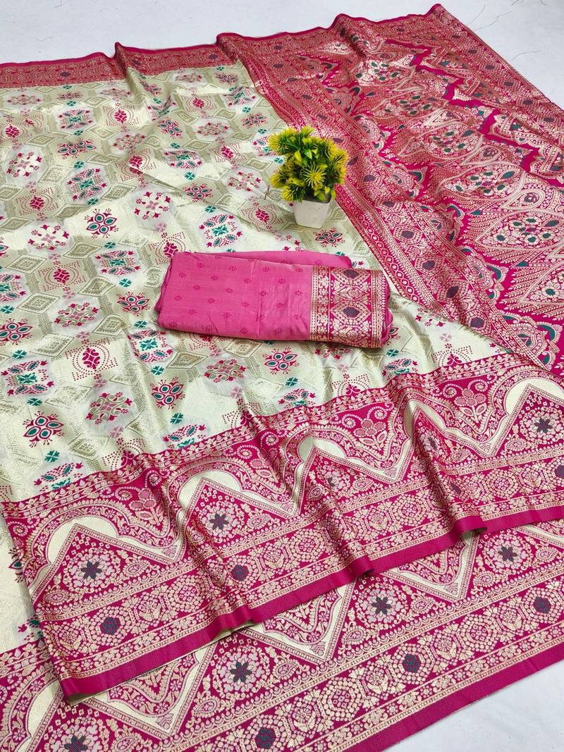Cream zari woven patola banarasi silk blend festive saree with blouse piece
