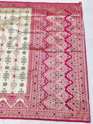 Cream zari woven patola silk blend festive saree with blouse piece 2