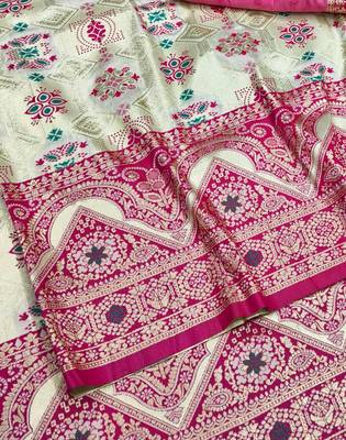Cream zari woven patola silk blend festive saree with blouse piece 3