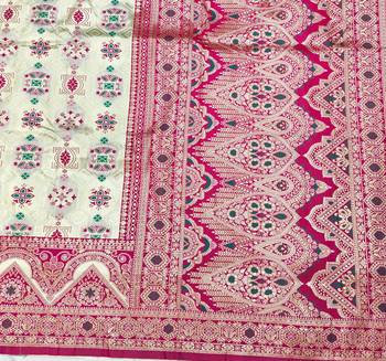 Cream zari woven patola silk blend festive saree with blouse piece 5