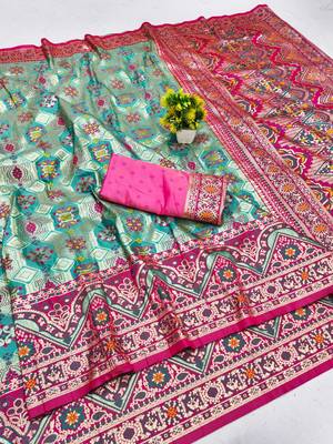 Blue zari woven patola silk blend festive saree with blouse piece 1