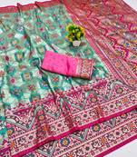 Blue zari woven patola banarasi silk blend festive saree with blouse piece