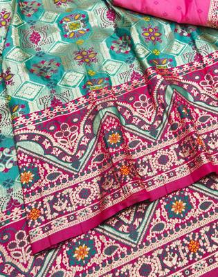 Blue zari woven patola silk blend festive saree with blouse piece 3