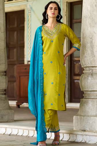Floral embroidered muslin v neck kurta trouser & dupatta