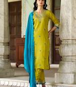 Floral embroidered muslin v neck kurta trouser & dupatta